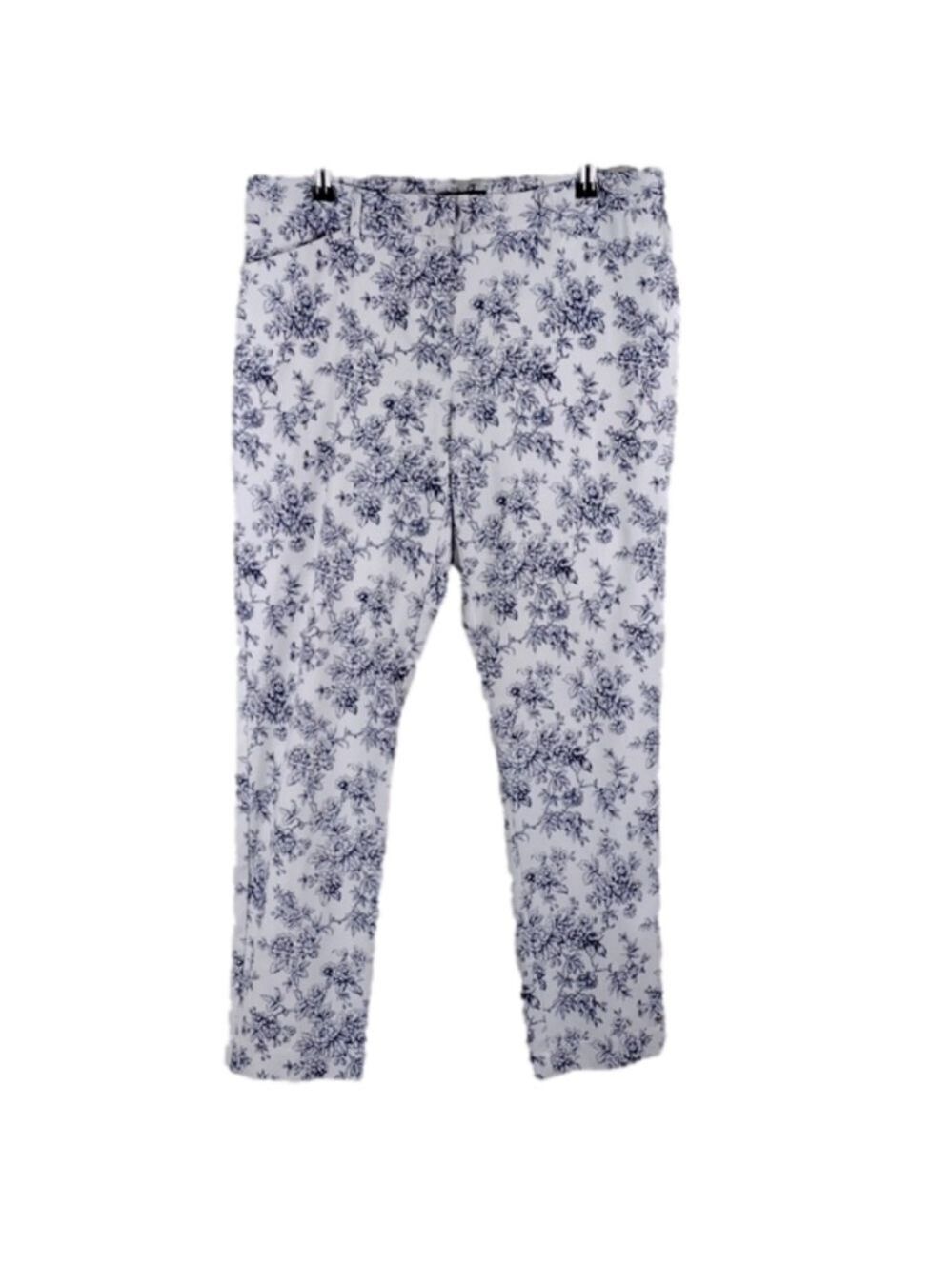Mario Serrani White Blue Floral Rayon Mid Rise Zip Front Skinny Leg Ankle Pant